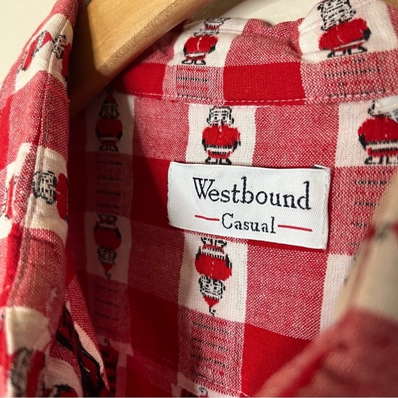 Vintage 90s Plaid Gingham Santa Long Sleeve Shirt Red White Westbound Size M - Picture 8 of 10